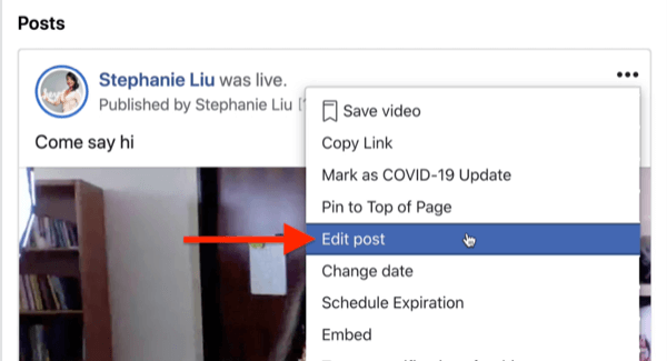 opção de editar a postagem do stream ao vivo do Facebook no menu de três pontos no canto superior direito da postagem do stream