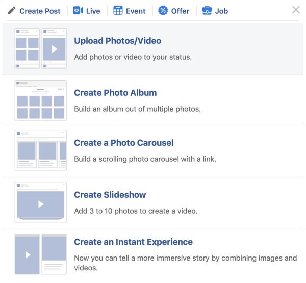 Como configurar o Facebook Premiere, etapa 2, opção de upload de foto / vídeo