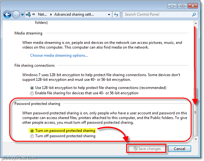 ativar a proteção por senha de arquivos compartilhados localmente no Windows 7