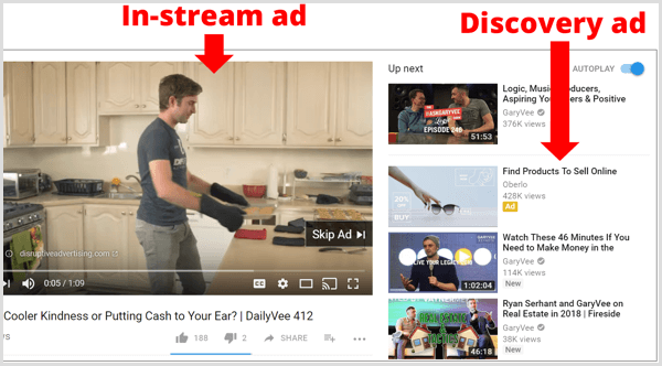 Exemplos de anúncios in-stream e discovery do AdWords no YouTube.