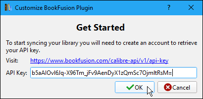 Digite a chave da API na caixa de diálogo Personalizar plug-in do BookFusion no Caliber