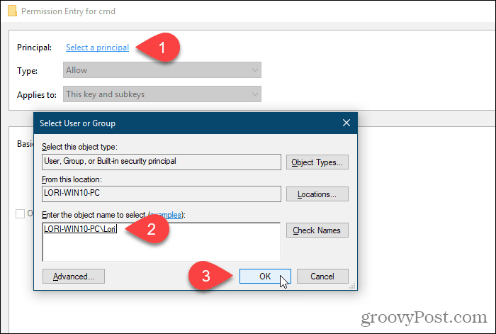 Clique em Selecionar uma entidade e selecione um usuário ou grupo para obter permissões no Registro do Windows
