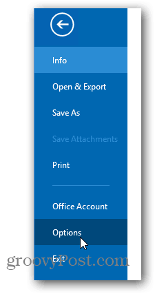 tema de mudança de cor do Office 2013 - clique em opções