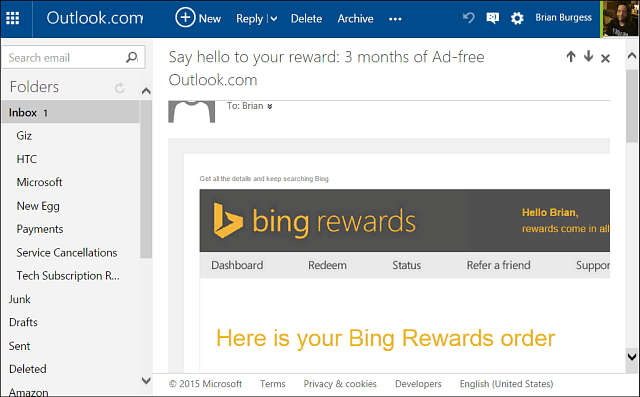 Outlook sem anúncios Bing Rewards