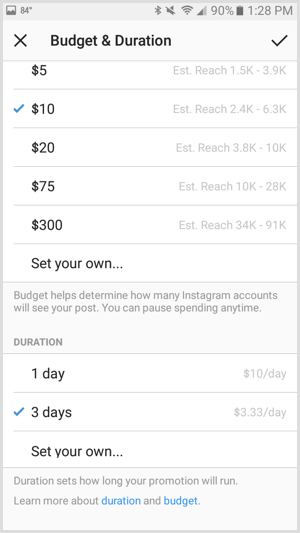 Orçamento definido para promoção de anúncios do Instagram