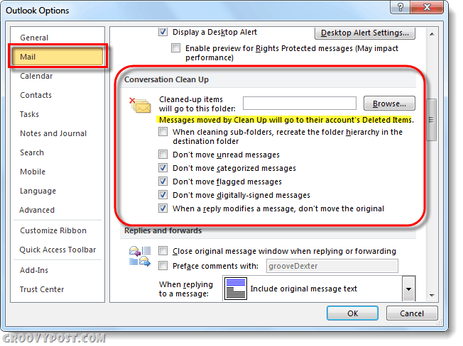 opções de correio outlook 2010 conversa limpeza