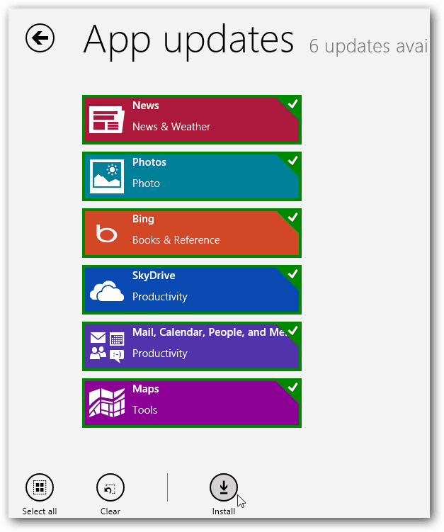 Atualizações de aplicativos do Windows 8