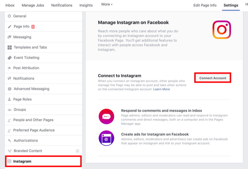 como conectar a página do Facebook à conta do Instagram nas configurações da página do Facebook