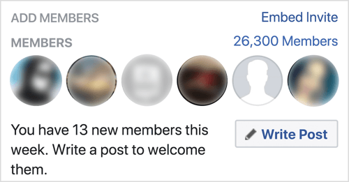 Clique em Escrever postagem para dar as boas-vindas aos novos membros do grupo do Facebook.