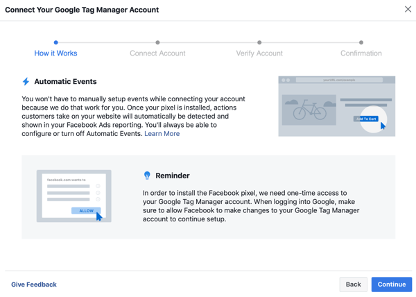 Use o Gerenciador de tags do Google com o Facebook, etapa 6, botão continuar ao conectar o Gerenciador de tags do Google à sua conta do Facebook