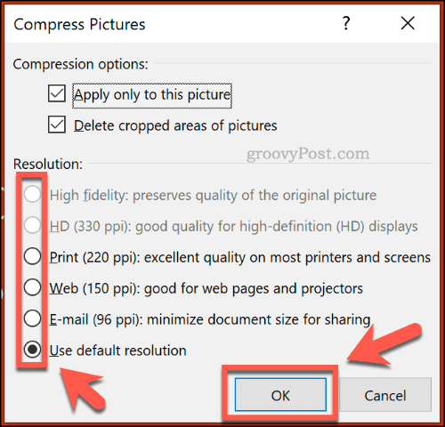 Opções de compactar imagens no PowerPoint