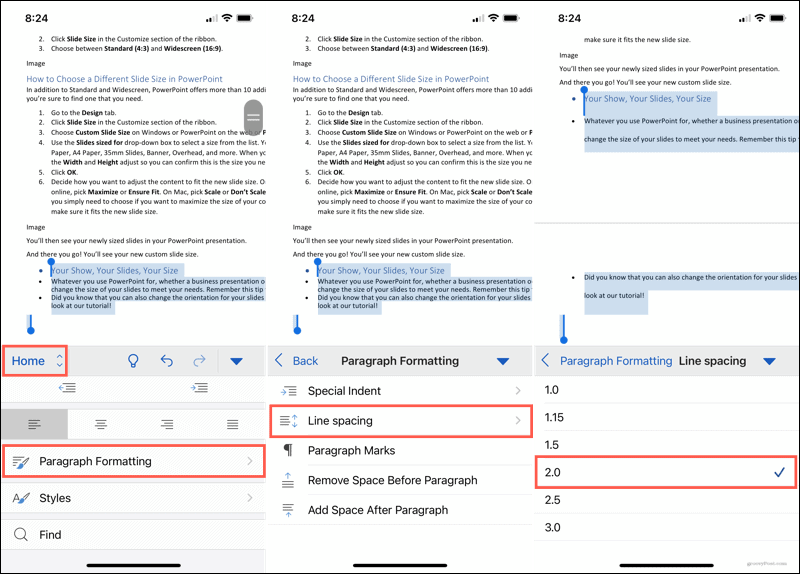 Formatação de parágrafo, espaçamento de linha no Word no celular