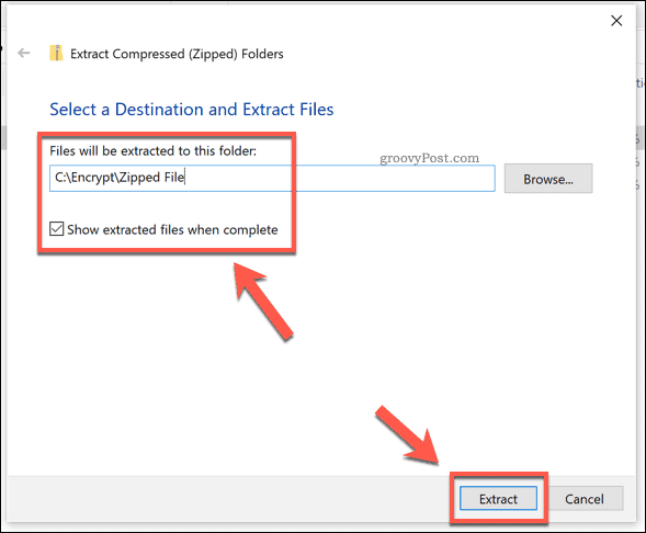 As opções de extração para um arquivo zip do Windows