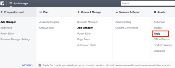 Para configurar o pixel do Facebook, abra o Gerenciador de anúncios para selecioná-lo.