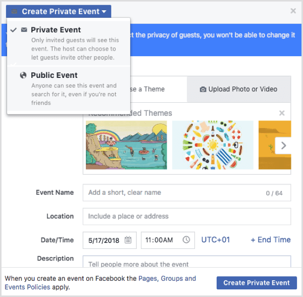 Opções de evento do Facebook ao criar um evento a partir de um perfil do Facebook