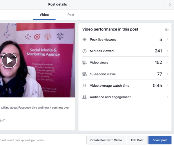 Selecione um vídeo em sua biblioteca de vídeos do Facebook para ver as métricas de desempenho.