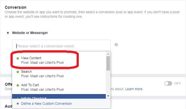 Se você selecionou Conversões como objetivo de anúncio do Facebook Messenger, escolha um evento de conversão.