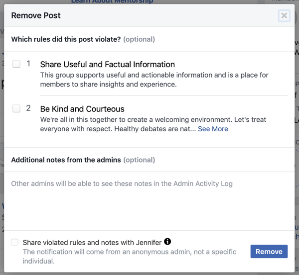 Como melhorar a sua comunidade de grupo no Facebook, exemplo de opção do Facebook para identificar quais regras uma postagem violou, bem como opção de notificar o membro