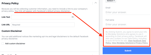 Exemplo de uma política de privacidade incluída nas opções de uma campanha publicitária do Facebook.