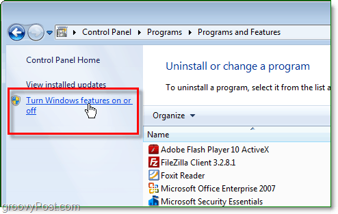 clique para ativar ou desativar os recursos do Windows na janela de programas e recursos do Windows 7