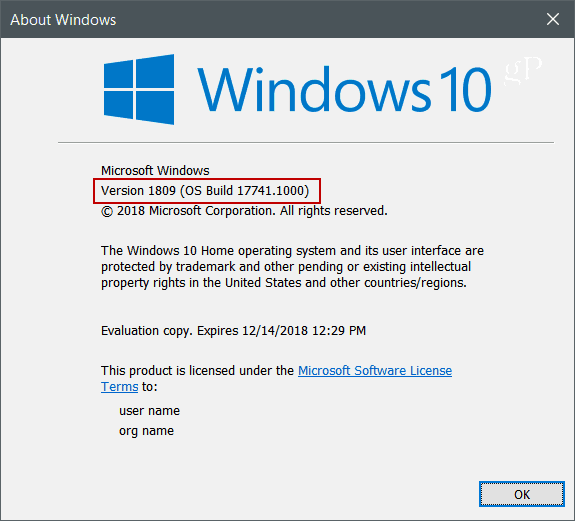 Winver Windows 10 versão 1809