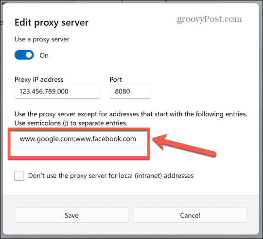 exceções de proxy do Windows
