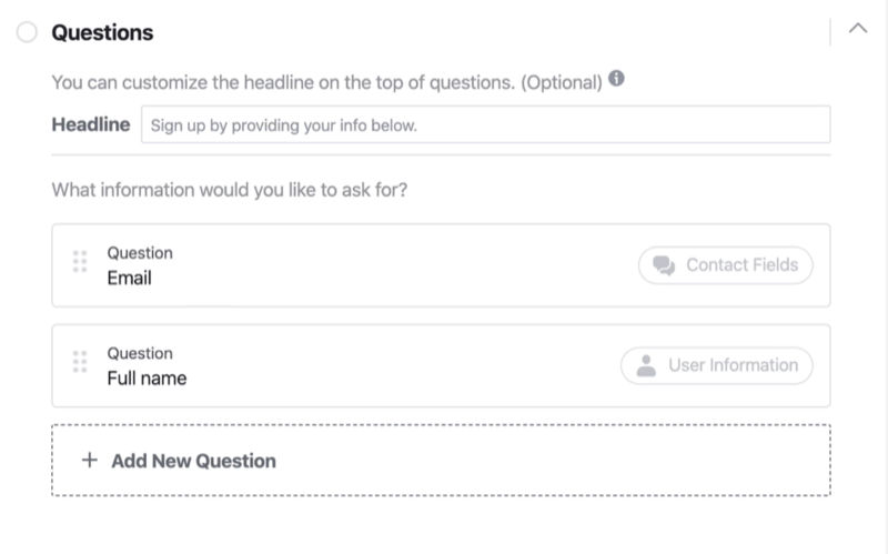 Seção de perguntas do processo de configuração do formulário de lead do Facebook