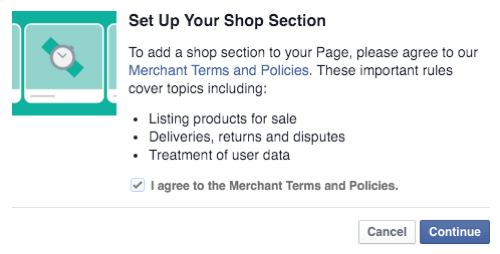 concorde com os termos e políticas do comerciante da loja do Facebook e continue