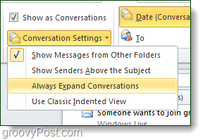 Configurações de conversa do Outlook 2010