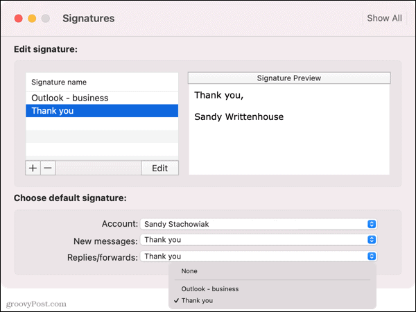 Selecione uma assinatura padrão no Outlook