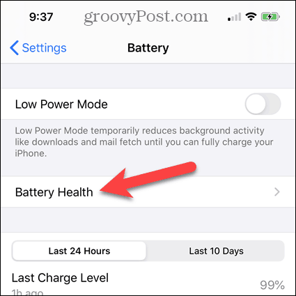 Toque em Bateria na tela da bateria do iPhone