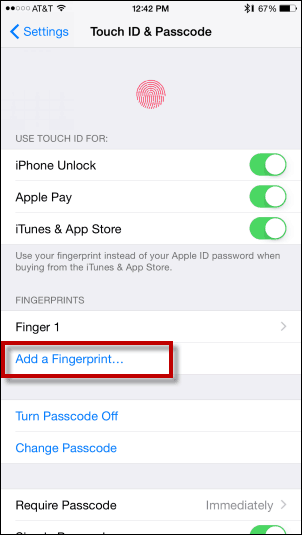 Toque em Adicionar uma impressão digital - Adicionar impressão digital ao Touch ID