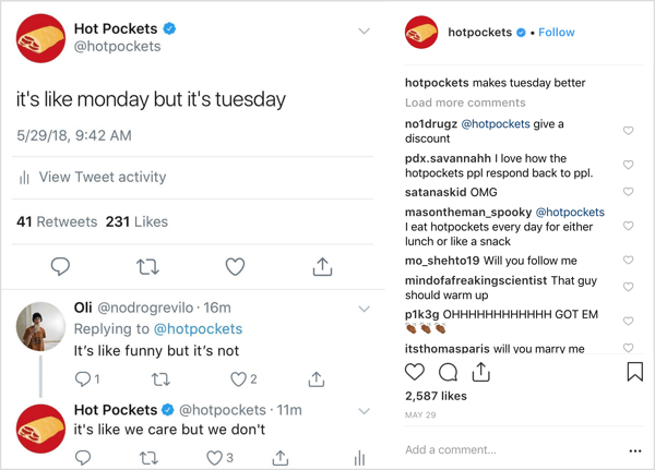 Postagem do Hot Pockets no Instagram com humor excêntrico de marca registrada.