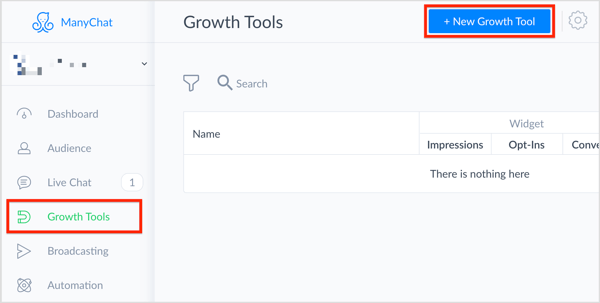 No ManyChat, selecione Ferramentas de crescimento à esquerda e clique no botão + Nova ferramenta de crescimento no canto superior direito.