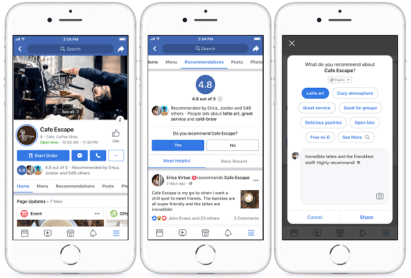 Novo layout de página comercial do Facebook para celular: examinador de mídia social