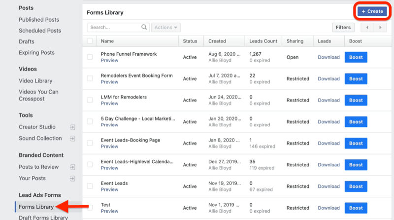 menu de ferramentas de publicação do gerenciador de negócios do Facebook com biblioteca de formulários destacada sob formulários de anúncios principais com o botão criar destacado