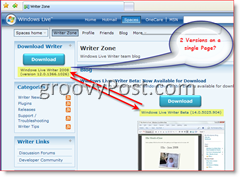 Imagem do blog do Windows Live Writer mostrando 2 versões diferentes disponíveis para download
