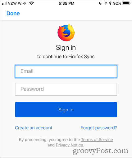 Digite seu email e senha no Firefox para iOS