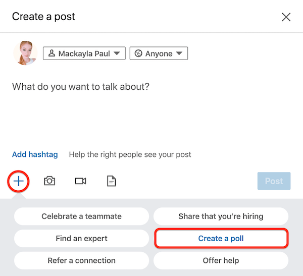 LinkedIn Criar uma caixa de diálogo Postagem com a opção Criar uma Enquete
