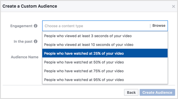 Público personalizado do Facebook com base em visualizações de vídeo