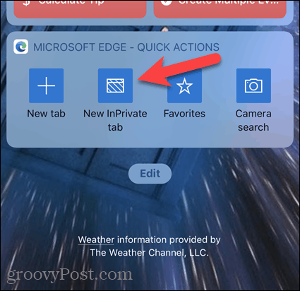 Toque em Nova guia InPrivate no widget Edge no iOS