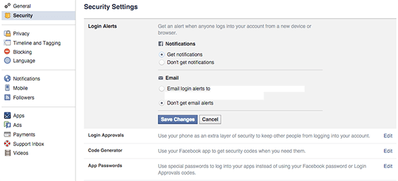 configurações de notificação de segurança do Facebook para desktop