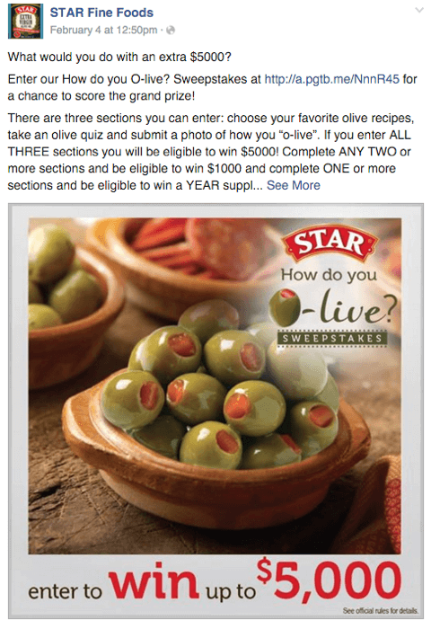 publicação do concurso star olives no facebook