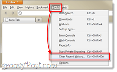 Menu de ferramentas de histórico recente do Firefox 4