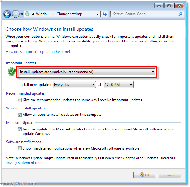 Windows 7 - Captura de tela do menu de configuração do Windows Update