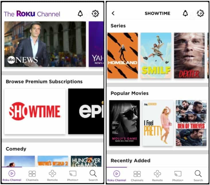 Canais premium Roku Channel App iOS