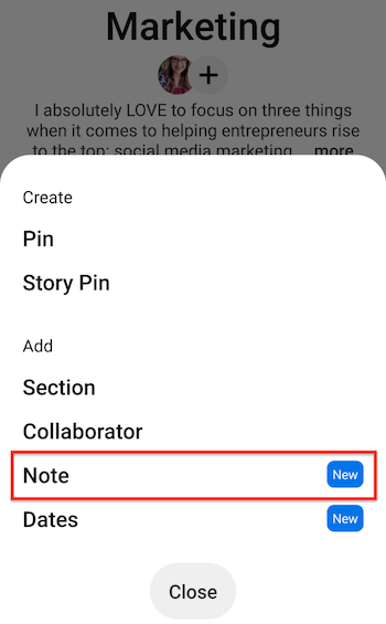 captura de tela do pinterest board móvel com as opções de menu criar / adicionar mostrando a opção de nota destacada