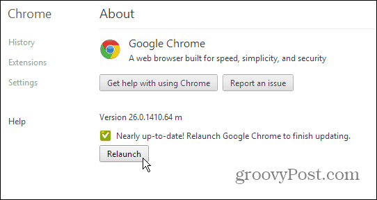 Página Sobre o Google Chrome - Atualização e relançamento