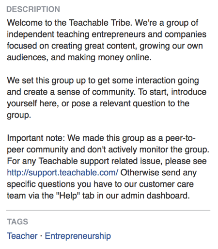 Na descrição do grupo no Facebook, o Teachable afirma diretamente que seu grupo no Facebook trata da criação de uma comunidade.