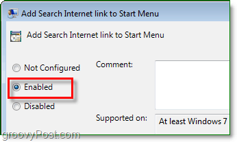 verifique o botão de opção ativado para ativar o link de pesquisa na internet do menu iniciar do windwos 7 clique em ok para concluir